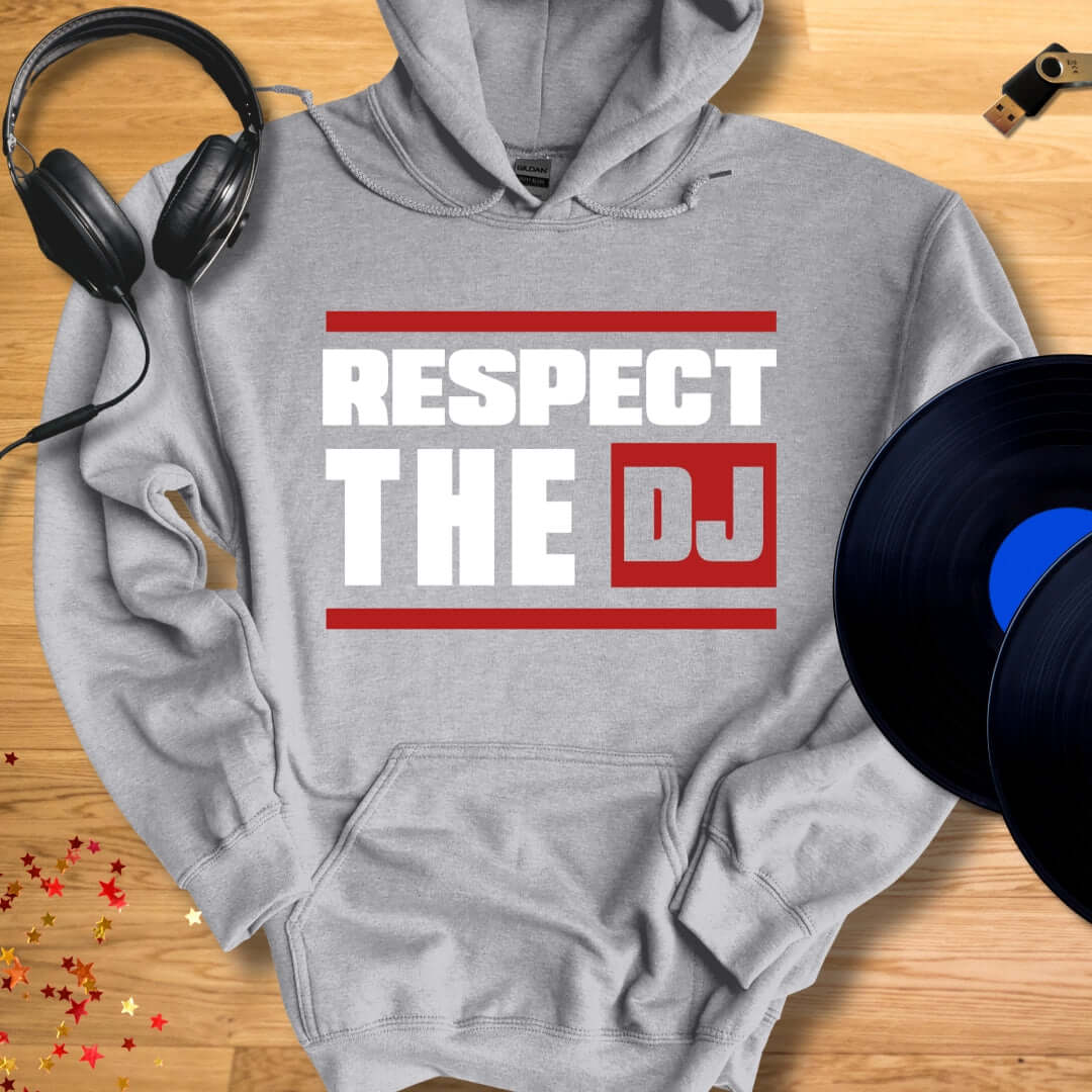 Unisex DJ Hoodie 'Respect The DJ' design in sport gray, front view