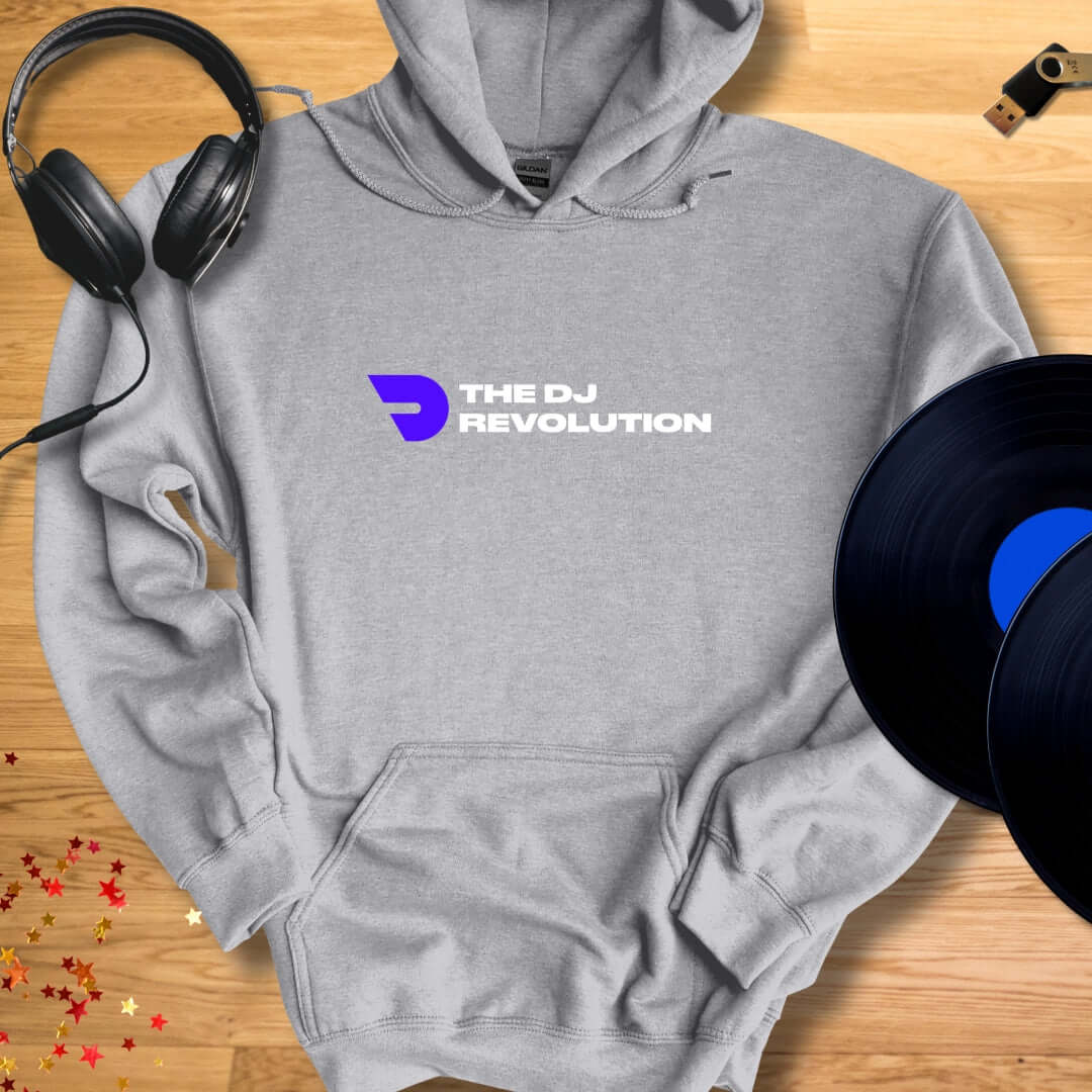 Unisex DJ Hoodie 'The DJ Revolution' design in sport gray, front view