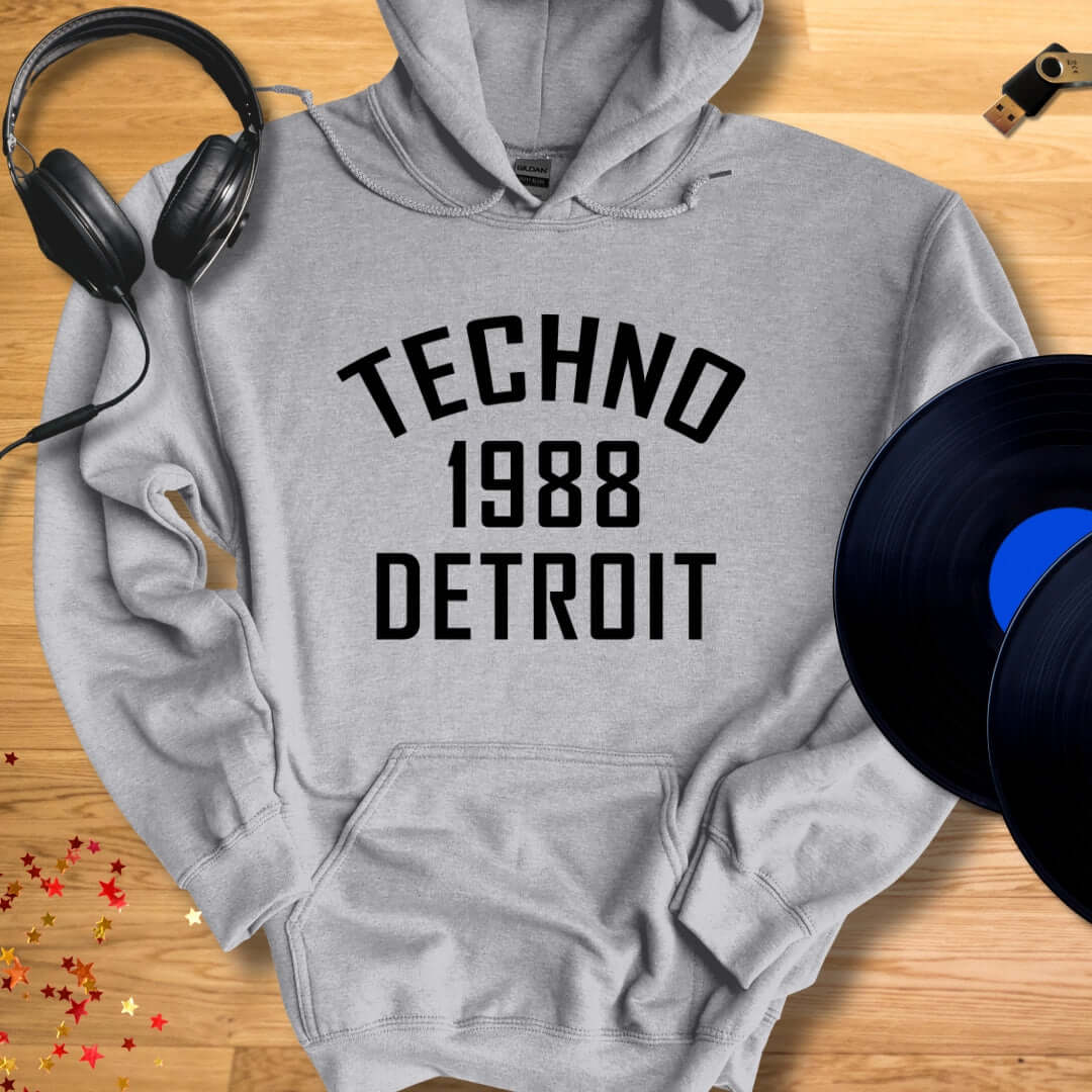 Unisex DJ Hoodie 'Detroit Techno 1988' design in sport gray, front view