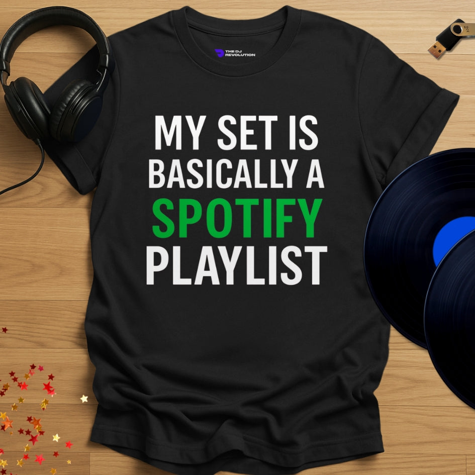 'Spotify DJ', funny DJ T-shirt in black, front view