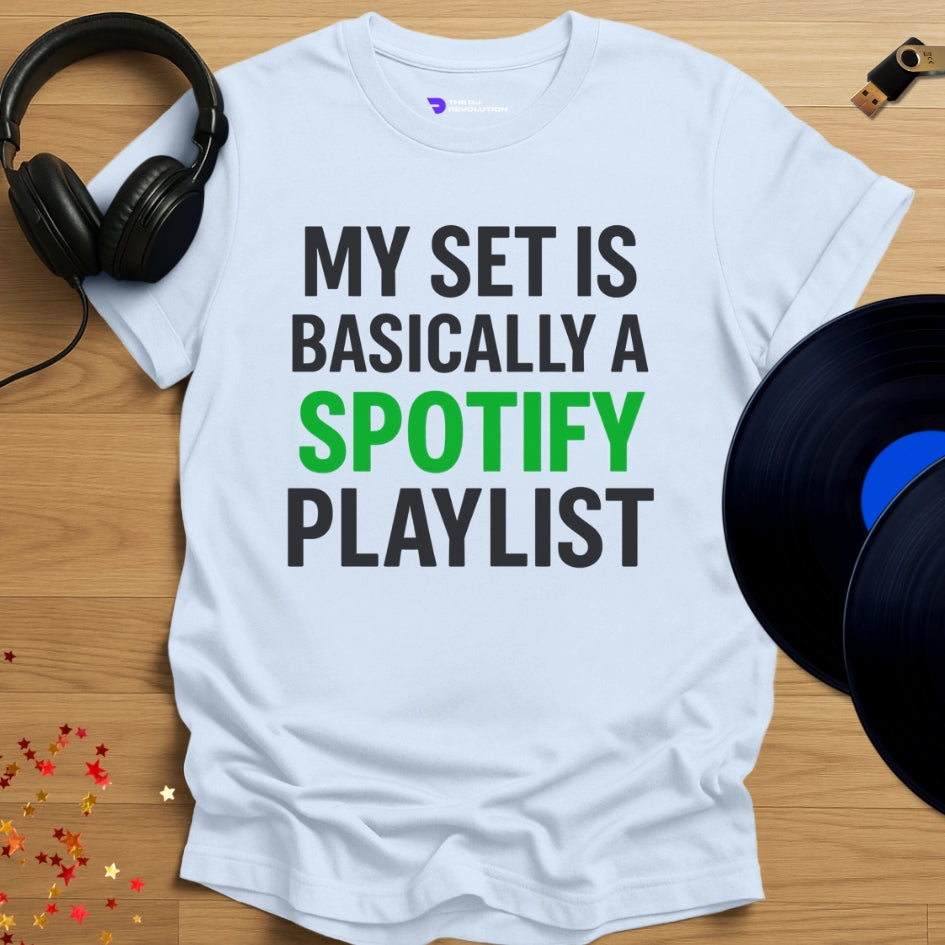 'Spotify DJ', funny DJ T-shirt in light blue, front view