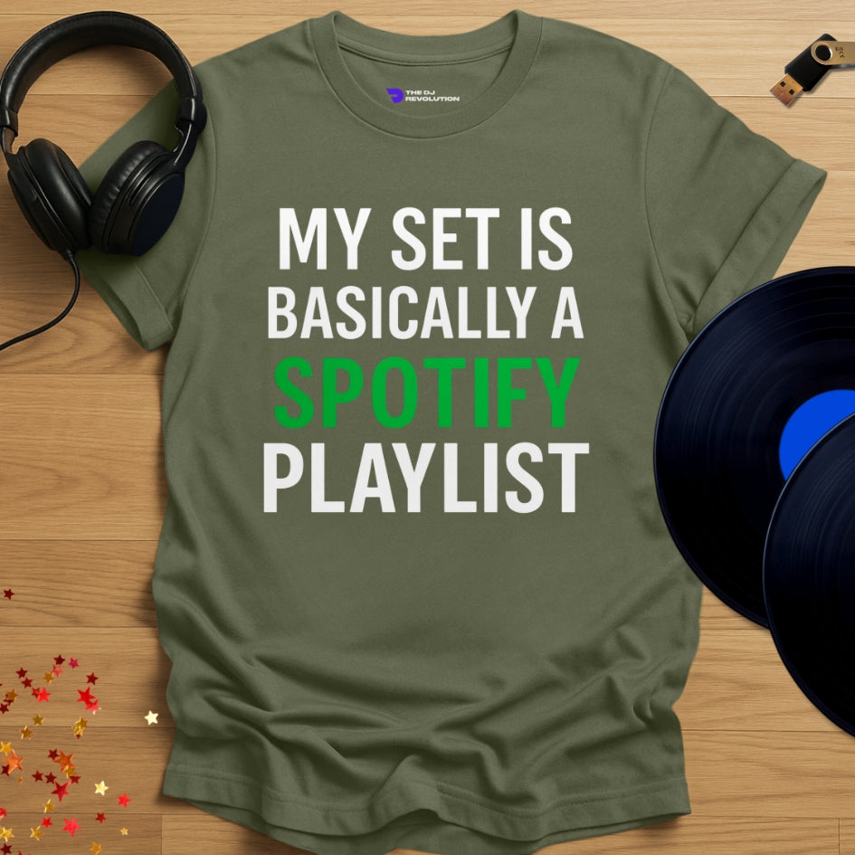 'Spotify DJ', funny DJ T-shirt in military green, front view