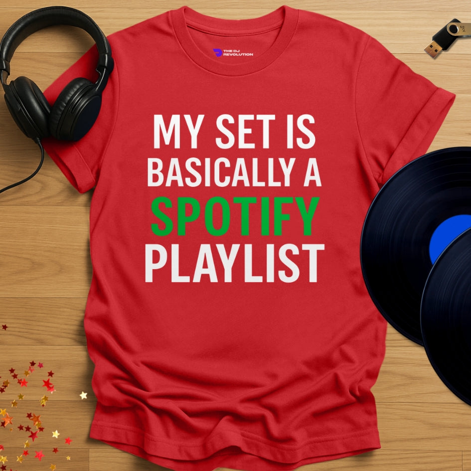 'Spotify DJ', funny DJ T-shirt in red, front view