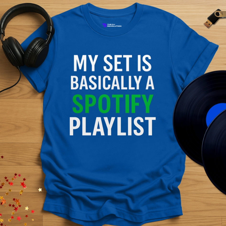 'Spotify DJ', funny DJ T-shirt in royal blue, front view