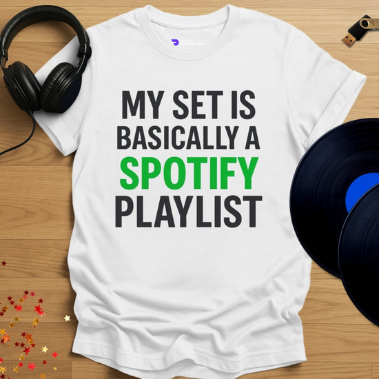 'Spotify DJ', funny DJ T-shirt in white, front view