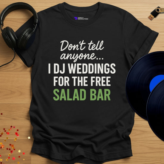 'The Cheeky Wedding DJ', funny sarcastic DJ T-shirt in black, front view
