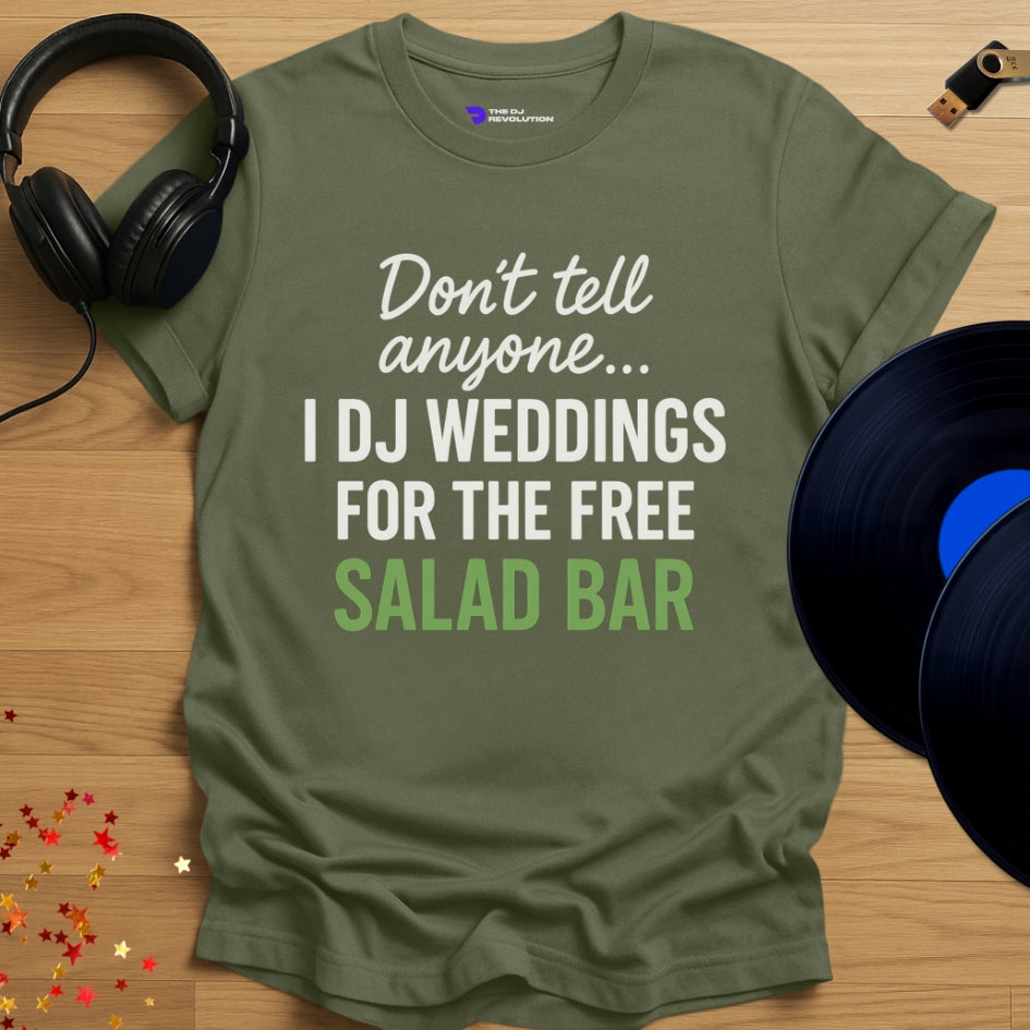 'The Cheeky Wedding DJ', funny sarcastic DJ T-shirt in military green, front view