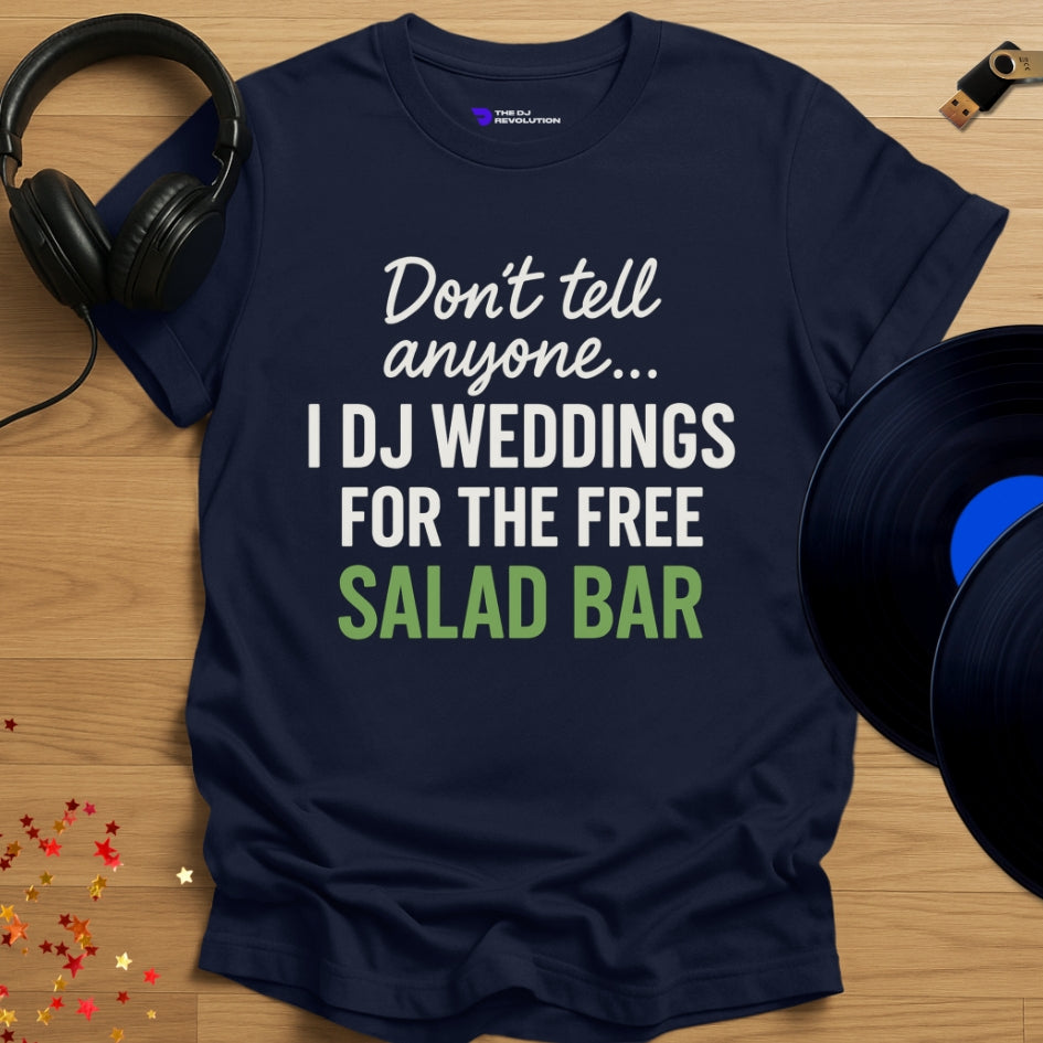 'The Cheeky Wedding DJ', funny sarcastic DJ T-shirt in navy, front view