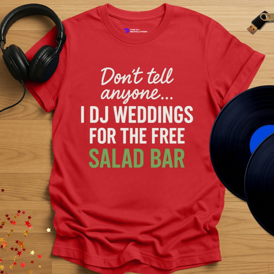 'The Cheeky Wedding DJ', funny sarcastic DJ T-shirt in red, front view