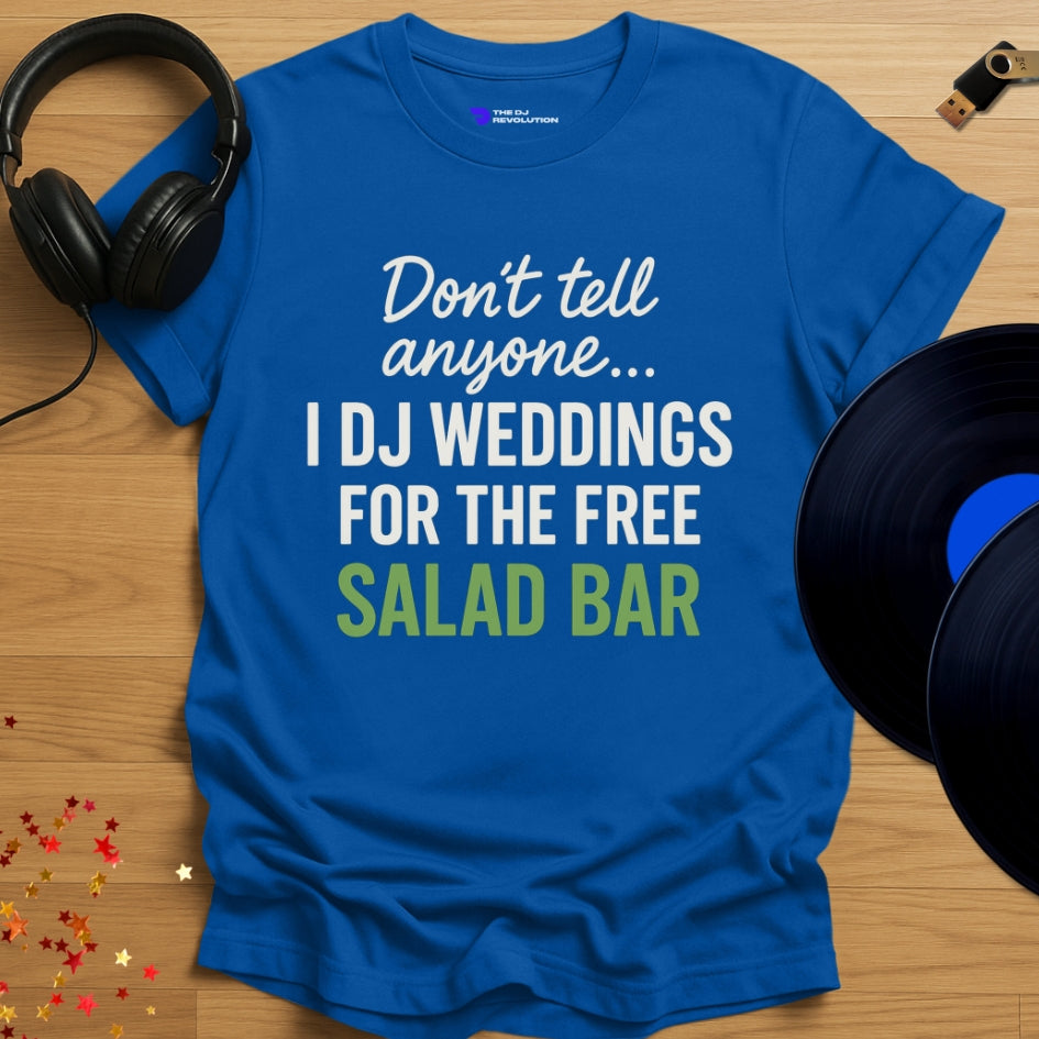 'The Cheeky Wedding DJ', funny sarcastic DJ T-shirt in royal blue, front view
