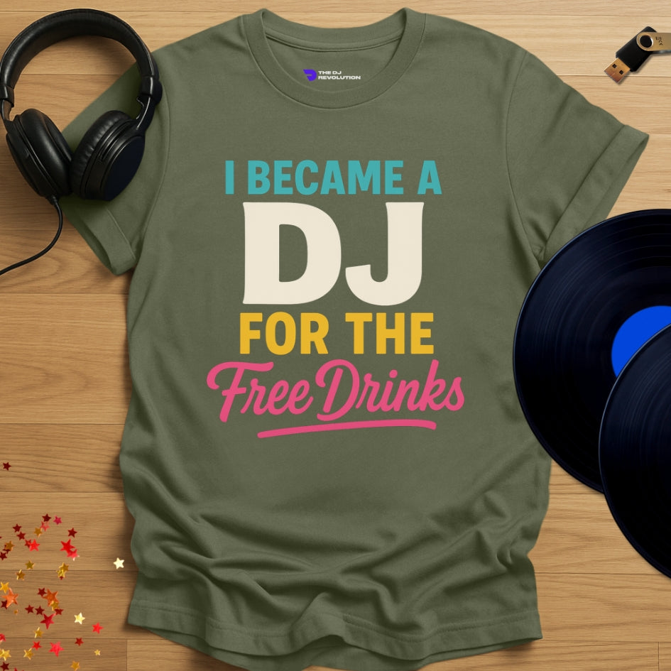 'The Tipsy DJ' - funny DJ joke T-shirt in military green, front view
