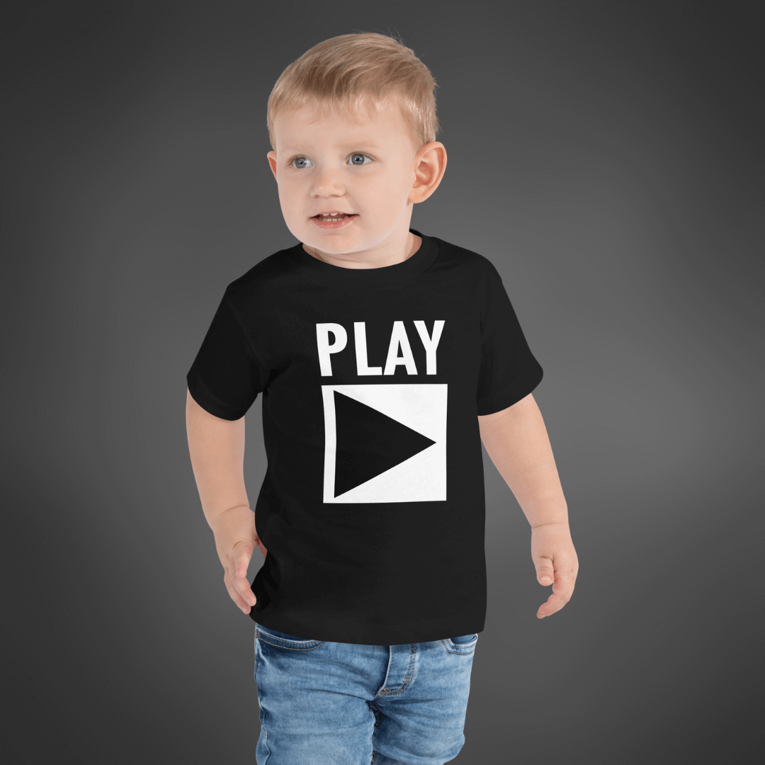 Toddler DJ T-shirt 'Play' design in black, front view