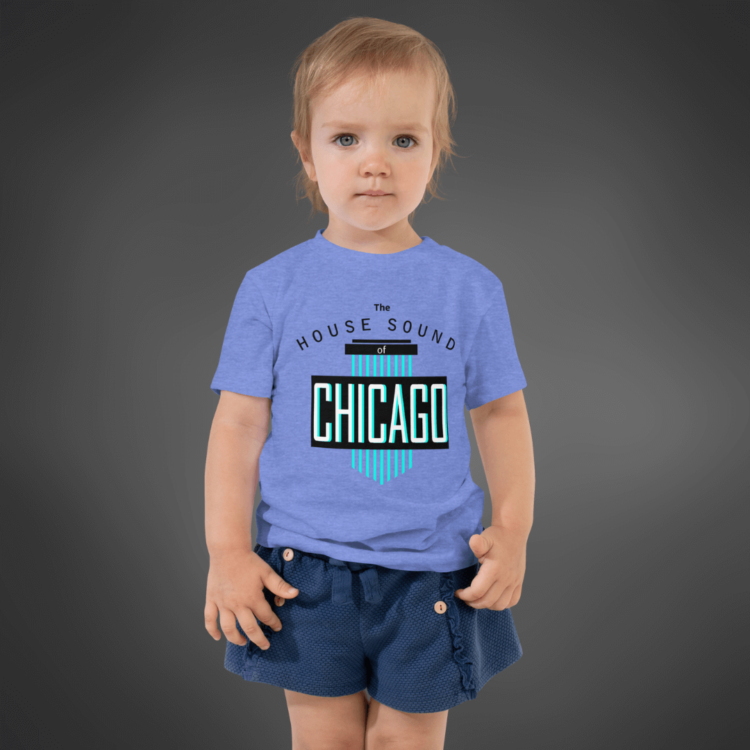 Toddler House Music T-shirt 'House Sound of Chicago' design in heather columbia blue, front view