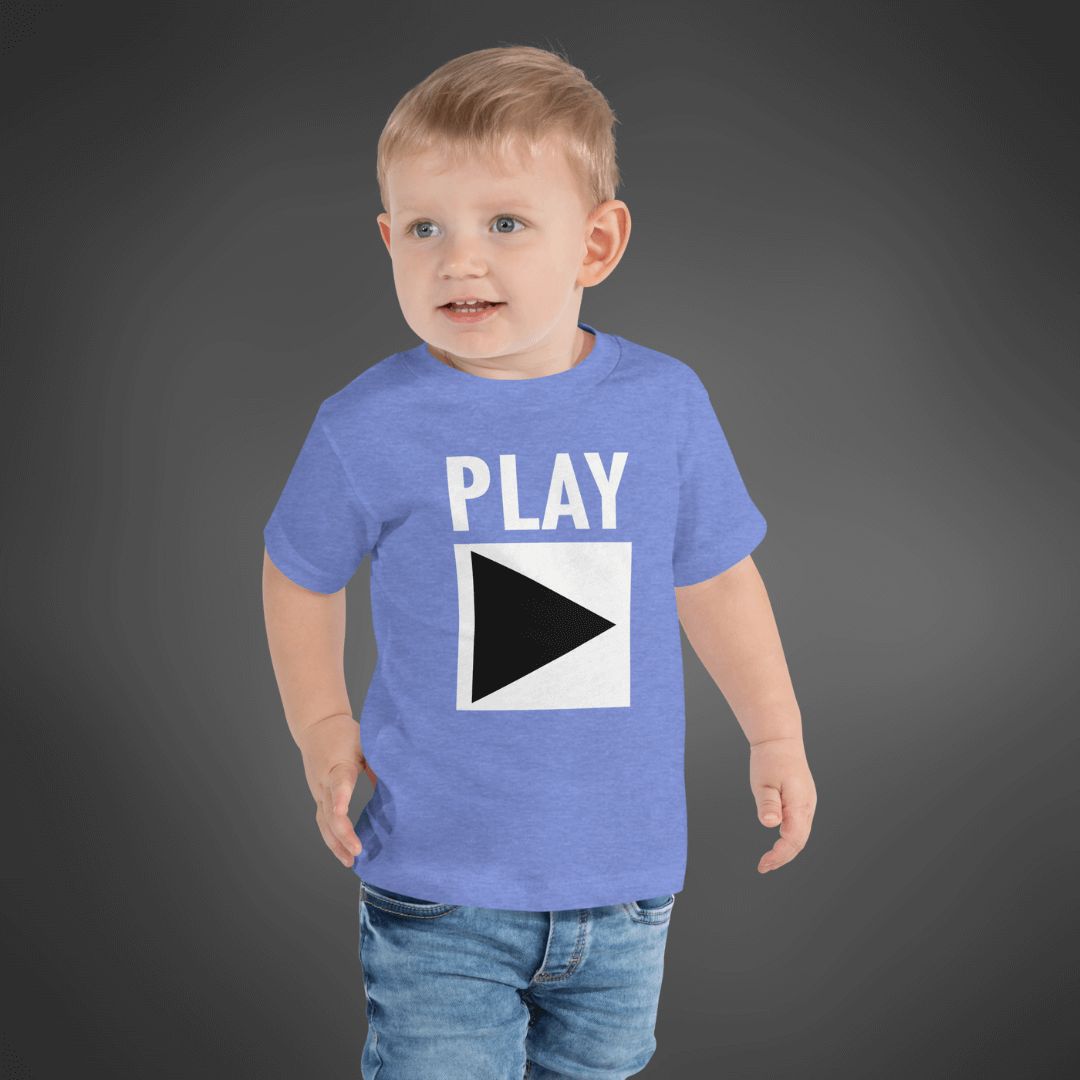 Toddler DJ T-shirt 'Play' design in heather columbia blue, front view