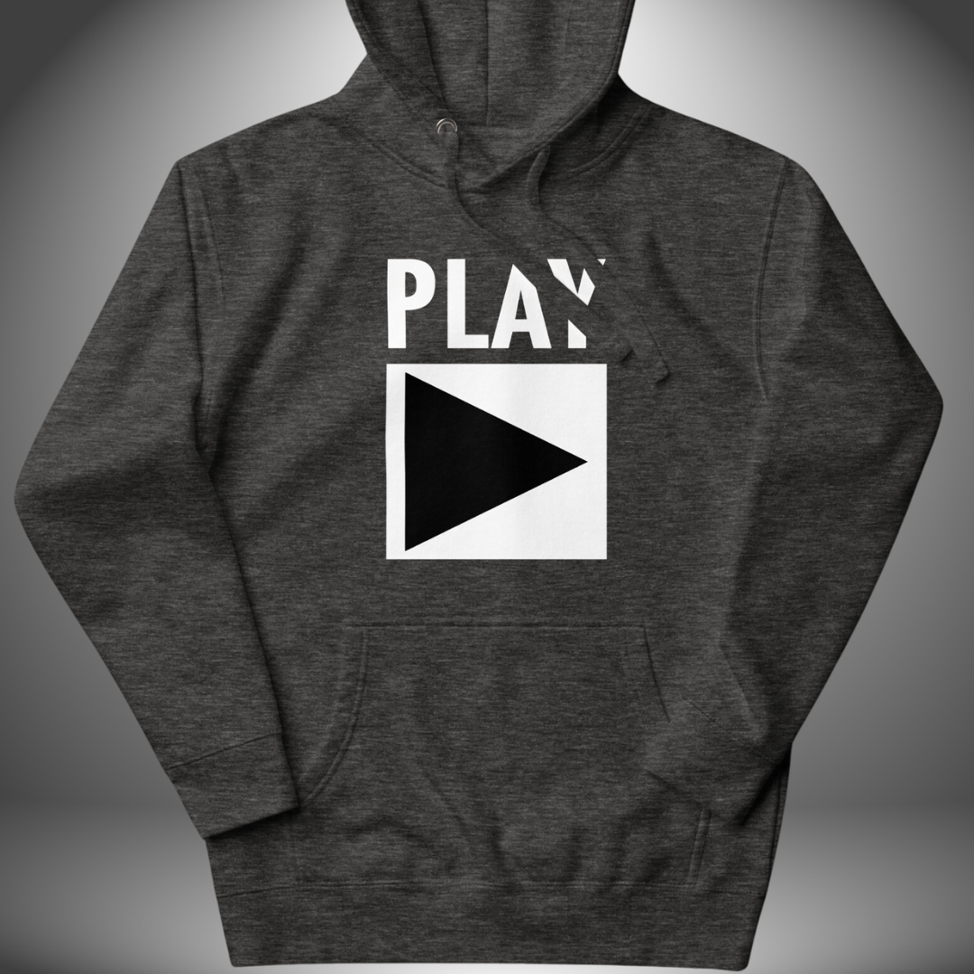 Premium Unisex DJ Hoodie 'Play' design in charcoal heather, front view