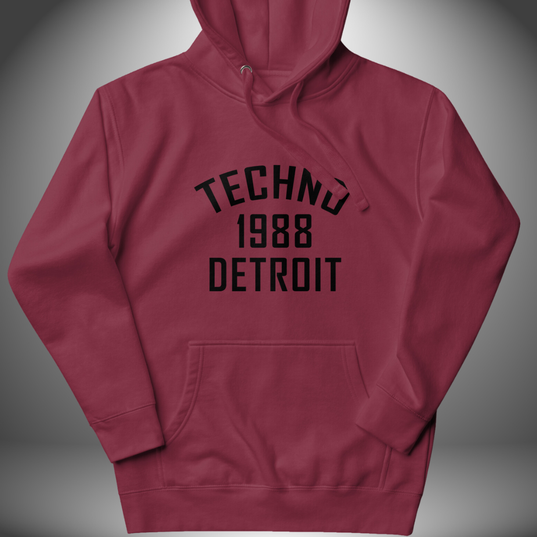 Premium Unisex DJ Hoodie 'Detroit Techno 1988' design in maroon, front view