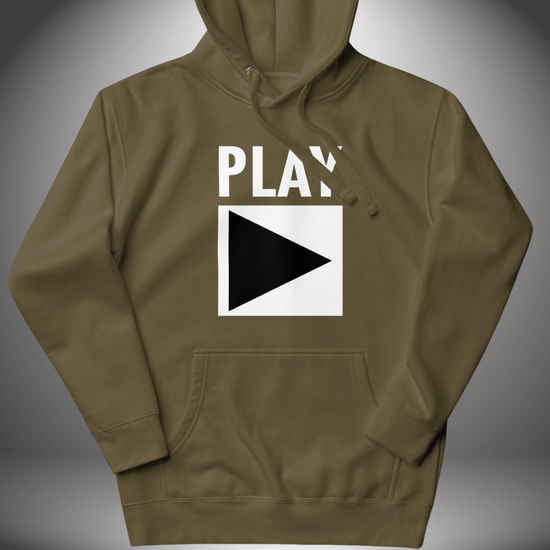 Premium Unisex DJ Hoodie 'Play' design in military green, front view