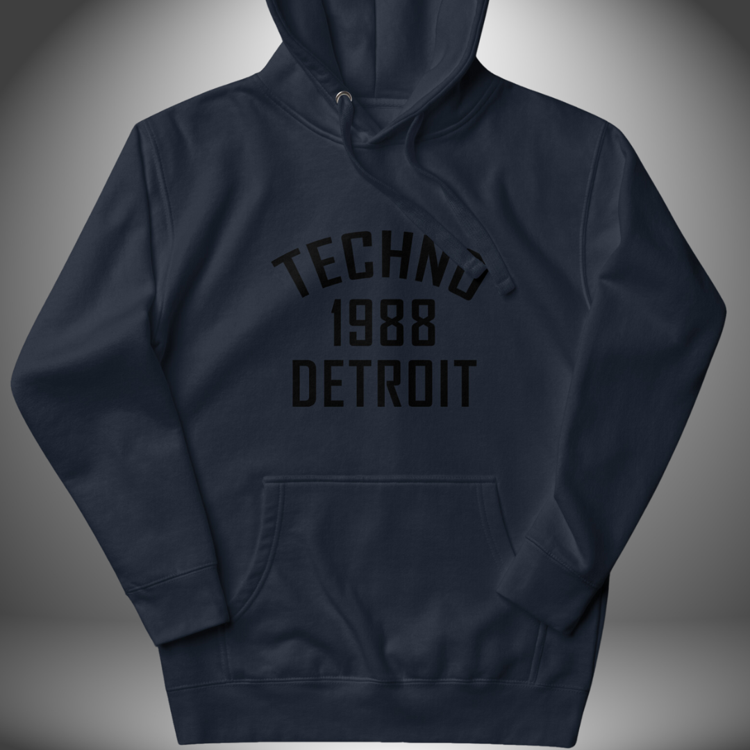 Premium Unisex DJ Hoodie 'Detroit Techno 1988' design in navy, front view