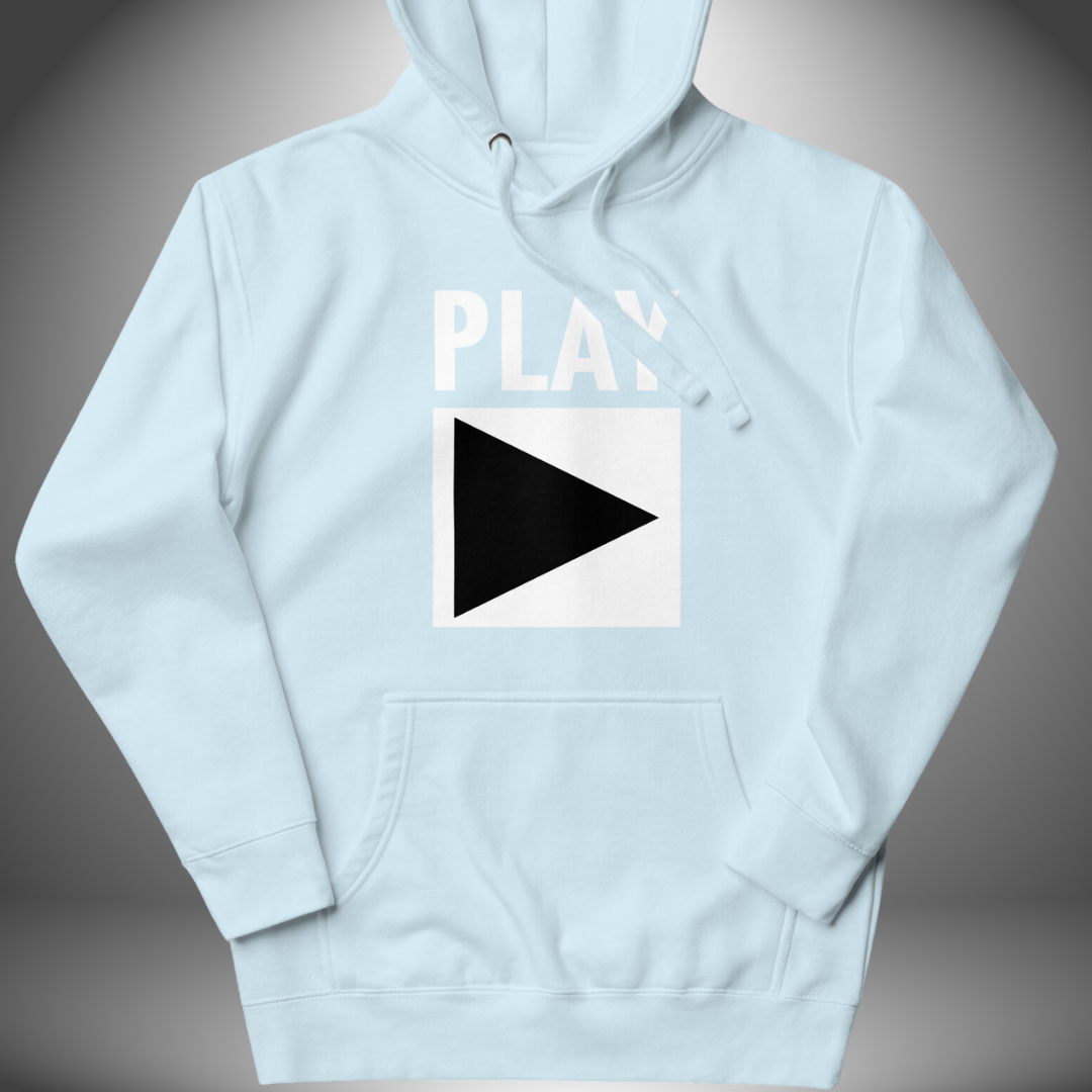 Premium Unisex DJ Hoodie 'Play' design in sky blue, front view