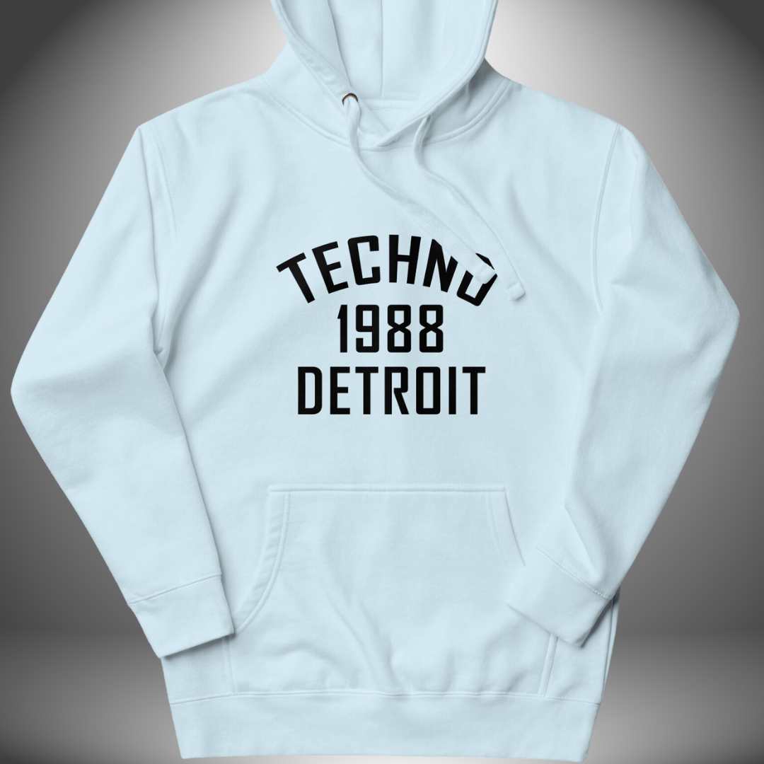 Premium Unisex DJ Hoodie 'Detroit Techno 1988' design in sky blue, front view