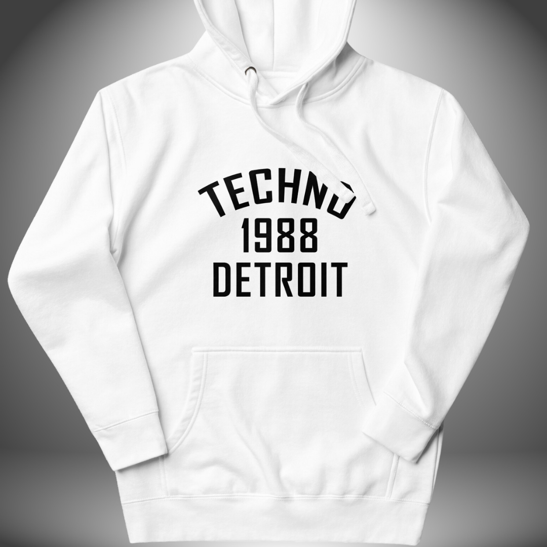 Premium Unisex DJ Hoodie 'Detroit Techno 1988' design in white, front view