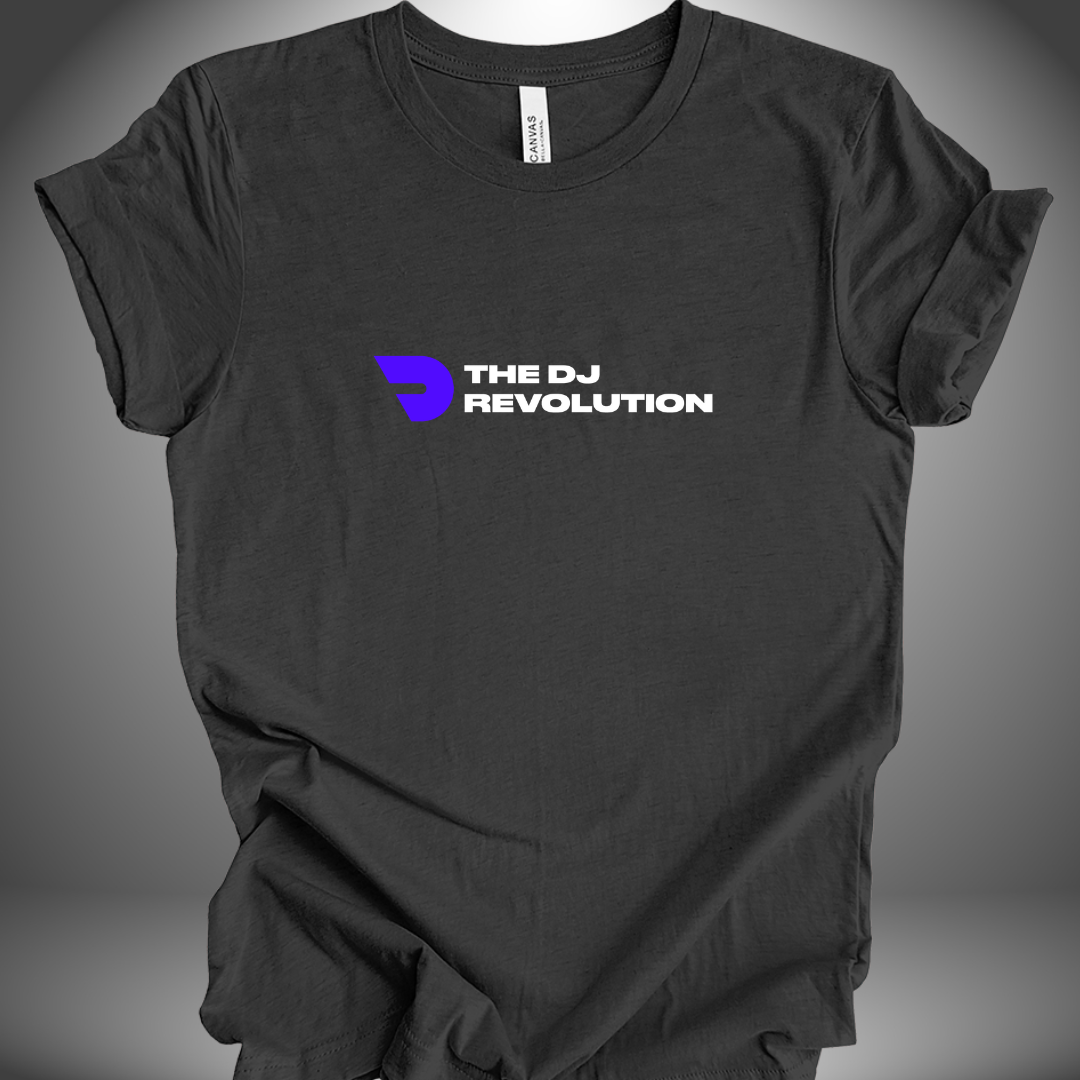 Premium unisex DJ T-shirt 'The DJ Revolution' design in dark grey heather, front view