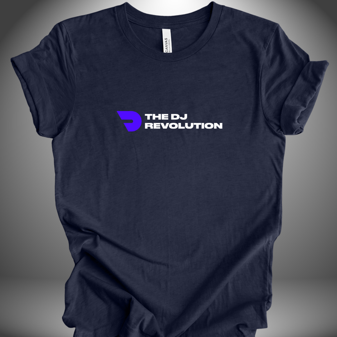 Premium unisex DJ T-shirt 'The DJ Revolution' design in heather midnight navy, front view