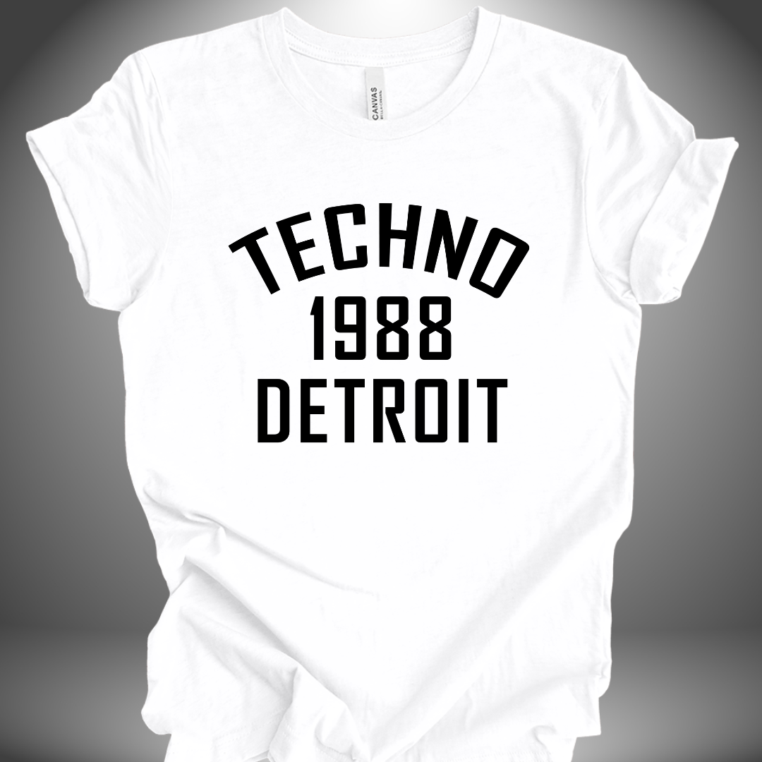 Premium unisex Techno T-shirt '1988 Detroit' design in white, front view