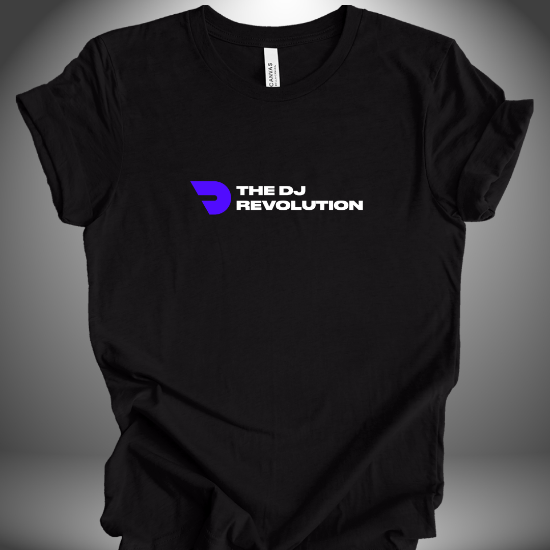 Premium unisex DJ T-shirt 'The DJ Revolution' design in black heather, front view