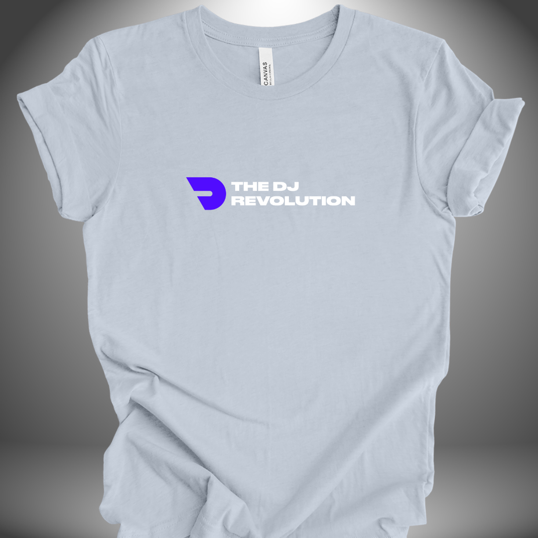 Premium unisex DJ T-shirt 'The DJ Revolution' design in light blue, front view