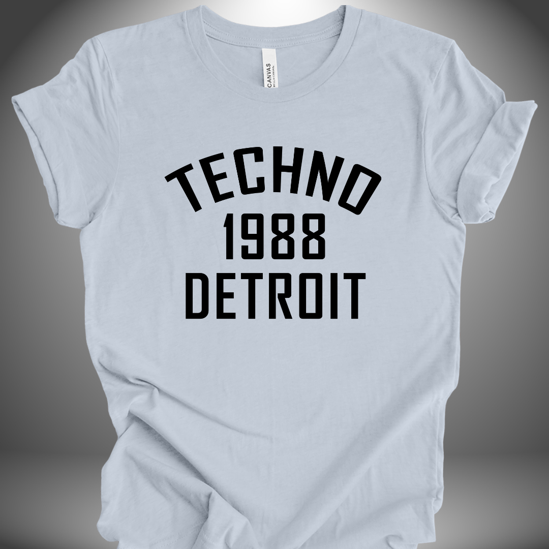 Premium unisex Techno T-shirt '1988 Detroit' design in light blue, front view