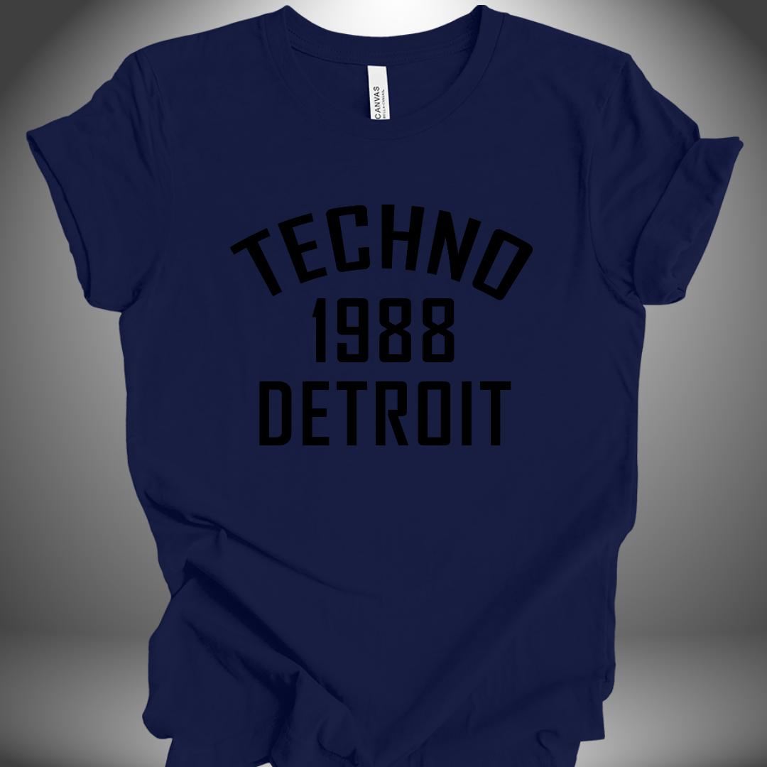 Premium unisex Techno T-shirt '1988 Detroit' design in navy, front view