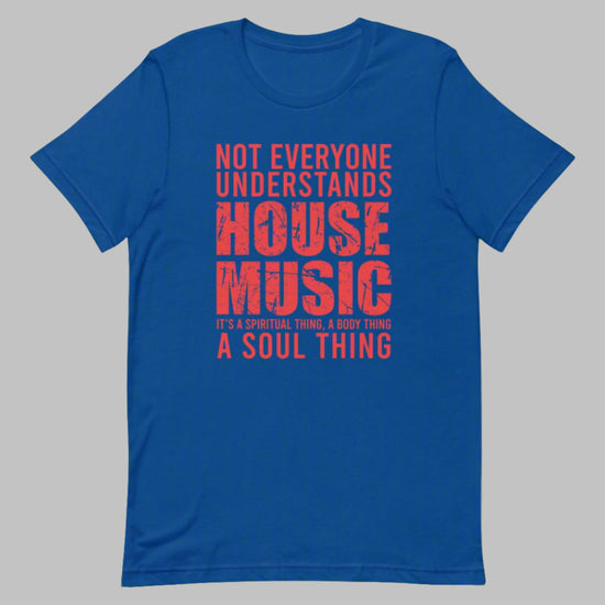 Unisex House Music T-shirt 'House Music Lover' design in true royal blue, front view