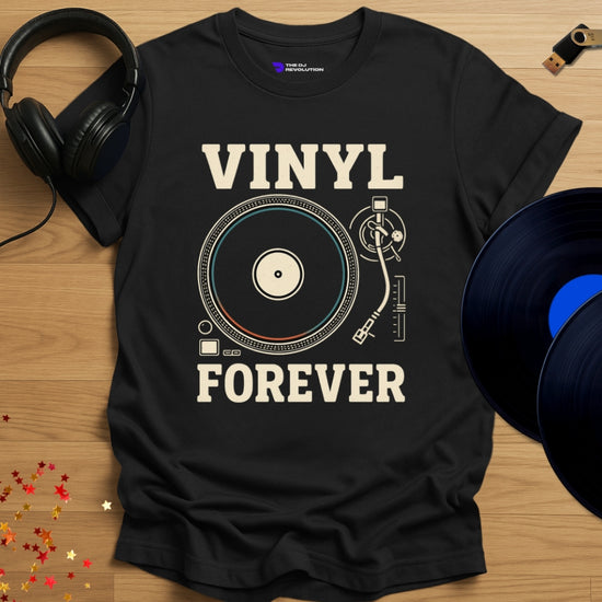 'Vinyl Forever' - Vinyl DJ T-shirt in black, front view