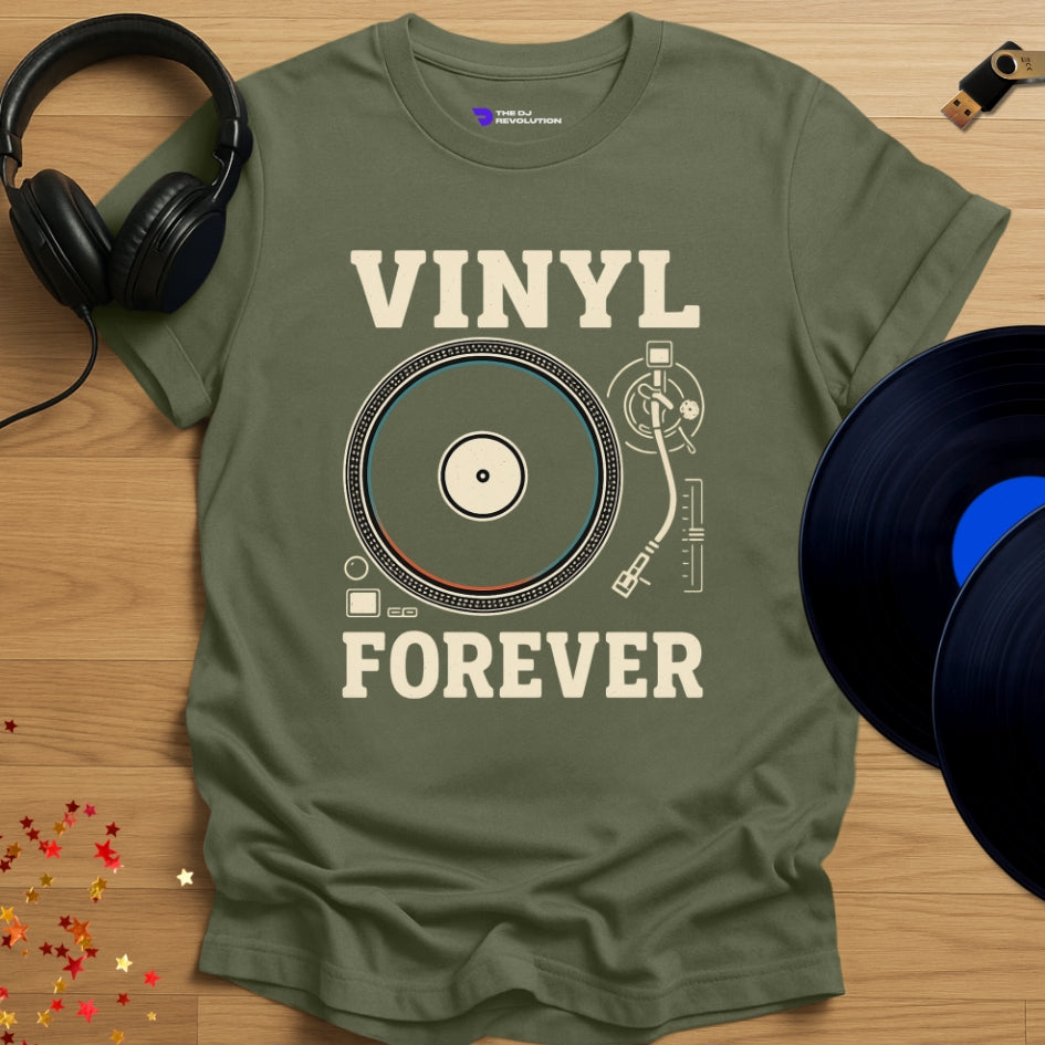 'Vinyl Forever' - Vinyl DJ T-shirt in military green, front view