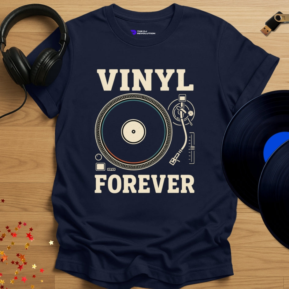 'Vinyl Forever' - Vinyl DJ T-shirt in navy, front view