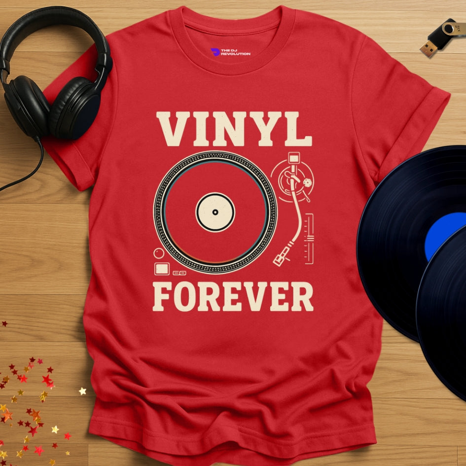 'Vinyl Forever' - Vinyl DJ T-shirt in red, front view