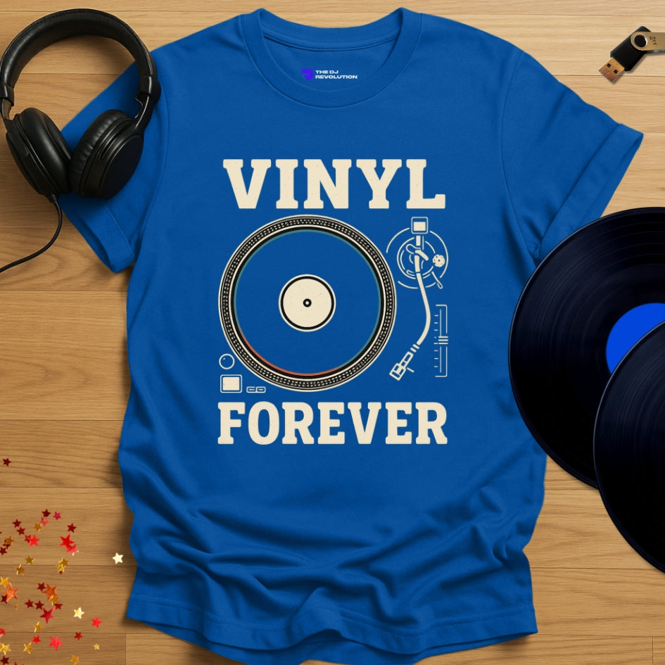 'Vinyl Forever' - Vinyl DJ T-shirt in royal blue, front view