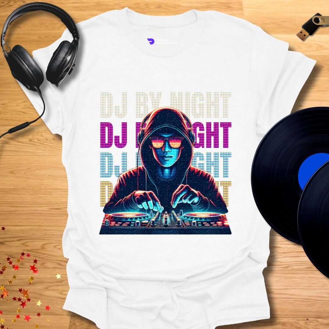 Unisex DJ T-shirt, 'DJ By Night' design in white, front view