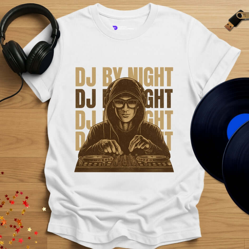 Unisex DJ T-shirt, 'DJ By Night' design in white, front view