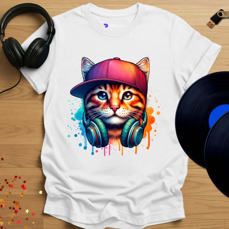 Cat DJ T-shirt, 'DJ Cool Cat' design in white, front view