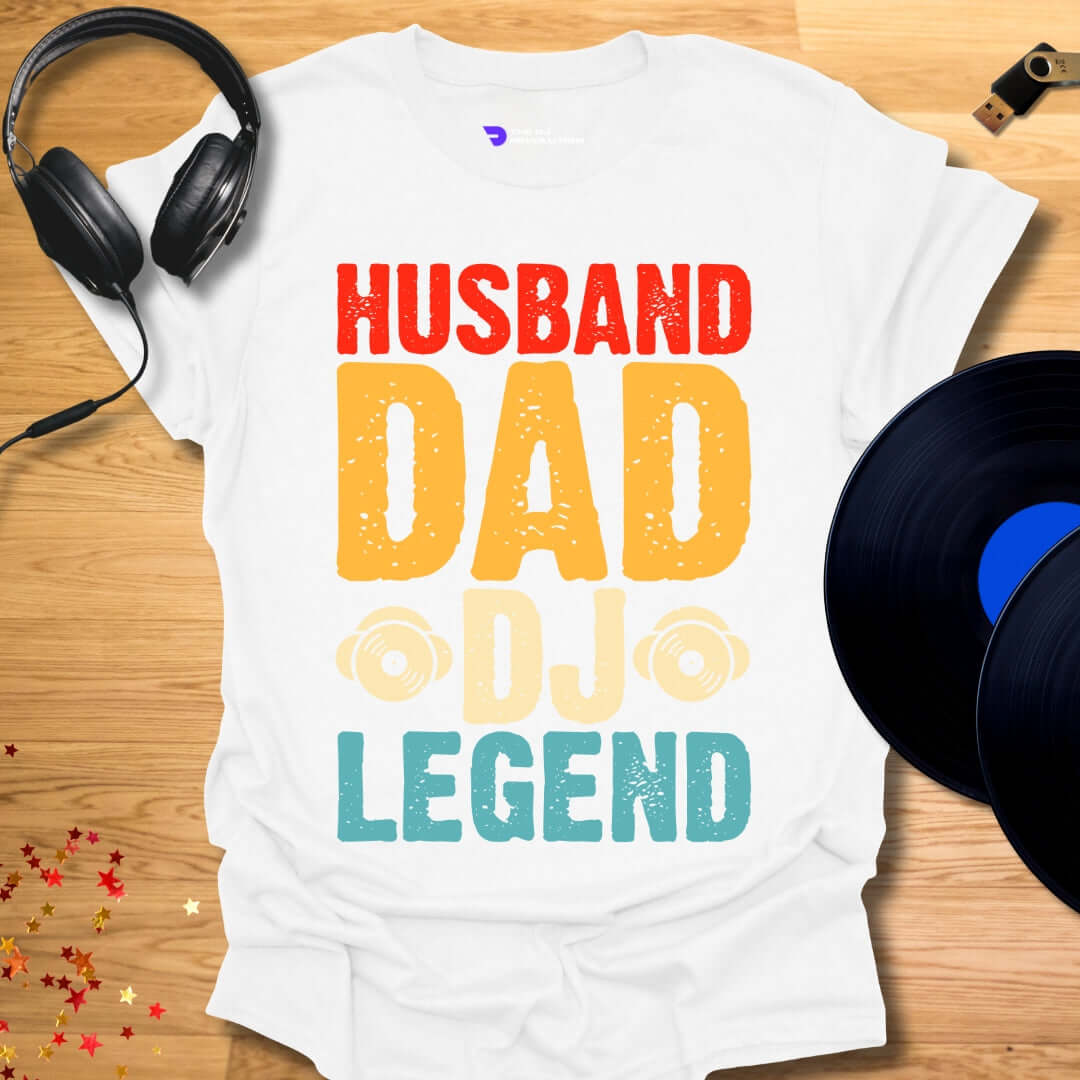 Funny DJ T-shirt, 'Husband DJ Legend' design in white, front view