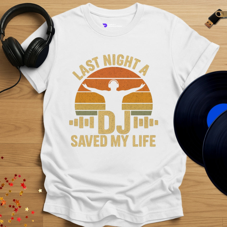 'Last Night A DJ Saved My Life' t-shirt in white, front view
