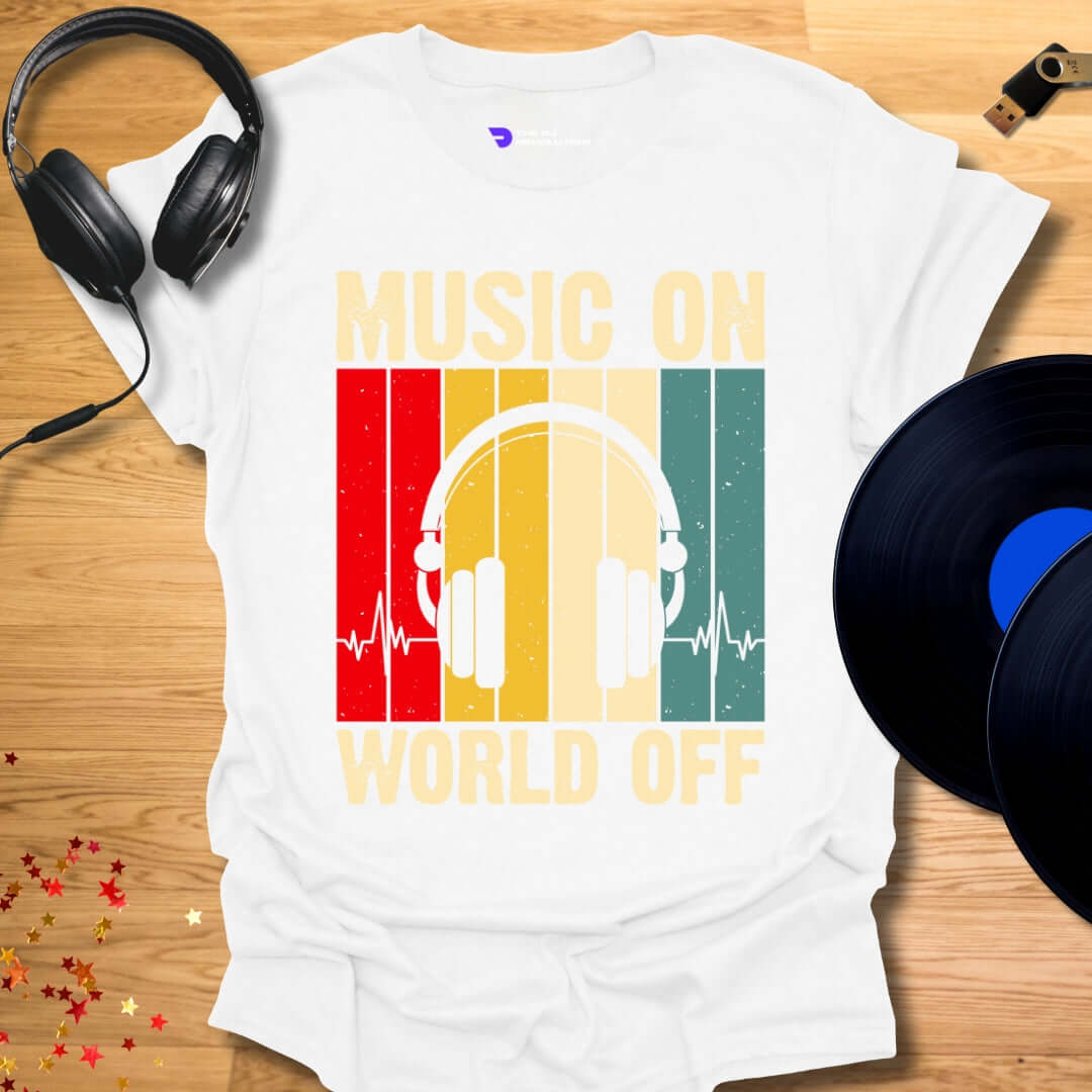 Unisex DJ T-shirt, 'Music On World Off' design in white, front view