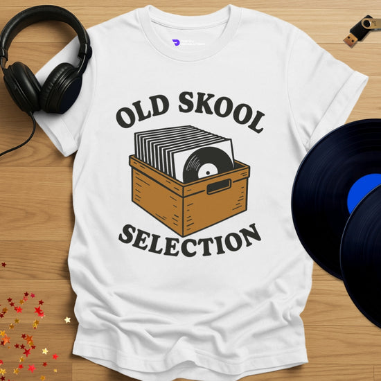 Vinyl DJ T-shirt, 'Old Skool Selection' design in white, front view