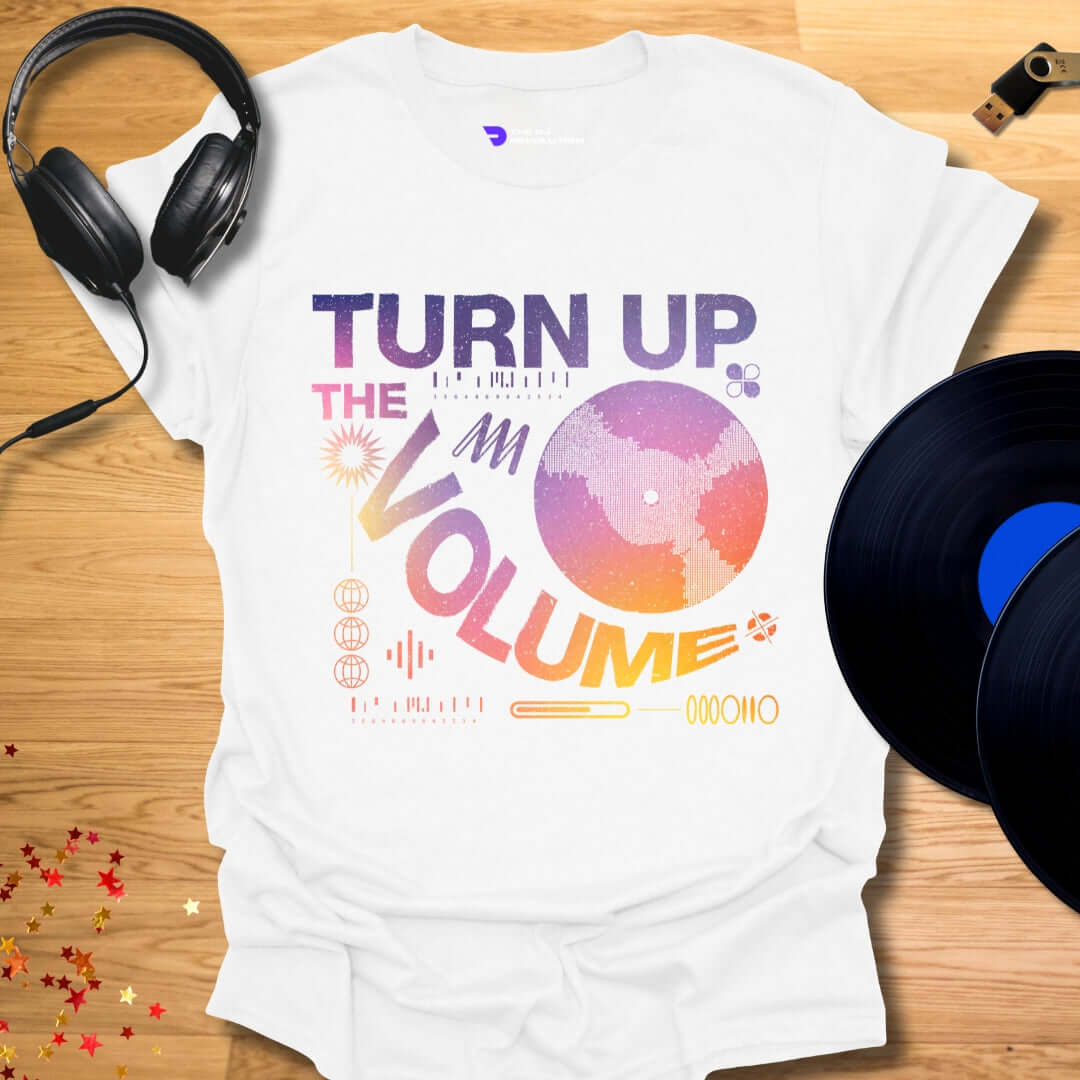 Unisex DJ T-shirt, 'Turn Up The Volume' design in white, front view