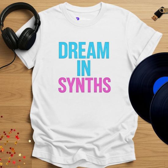 Dream In Synths Techno T-shirt in white, front view