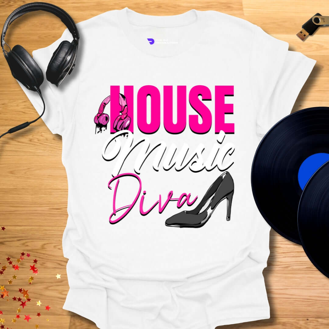 Unisex house music T-shirt, 'House Music Diva' design in white, front view