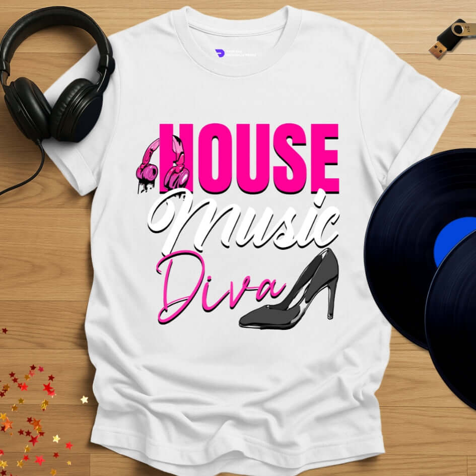 Unisex house music T-shirt, 'House Music Diva' design in white, front view