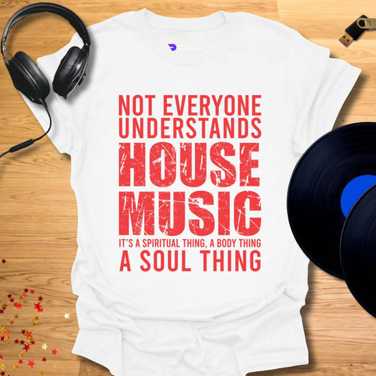 Unisex house music T-shirt, 'House Music Lover' design in white, front view